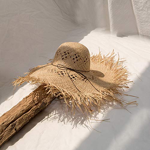Sun Hat Women Raffia Straw for Sun Hat Big Brim Floppy Fringe Hollow Sunscreen Bucket