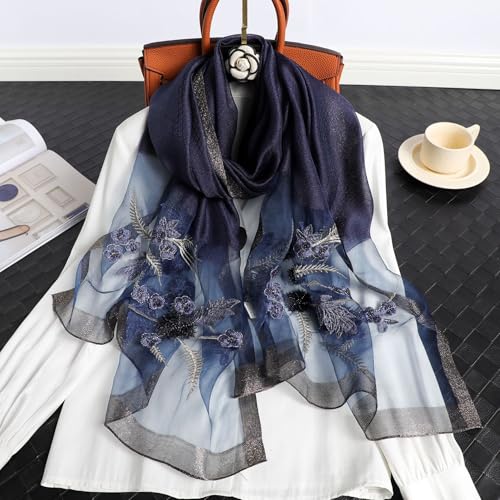 Jeelow Silk Blend Floral Fashion Scarf Shawl Wrap Lightweight Sheer For Women Floral Embroidery Wedding Party Prom - color: Blue Graffiti
