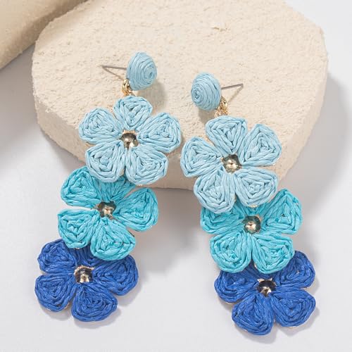 Boho Flower Earrings Statement Raffia Dangle Earrings Cute Floral Jewelry Trendy Summer Beach Vacation Outfits for Women - color: Blue-2
