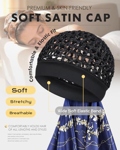 Satin Scarf and Hair Net - 2 in 1 Silk Scarf and Wrap Cap Hair Net for Silk Press, Protective Night Cover Prevents Frizz - color: Navy Blue