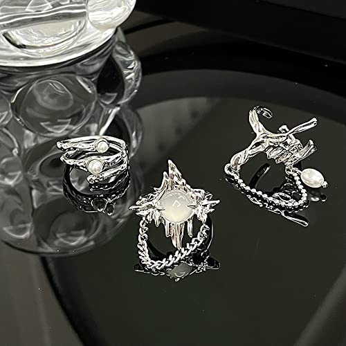 Y2k Moonstone Rings Rhinestone Star Irregular Agate Grunge Rings Set for Women - style: Style 2