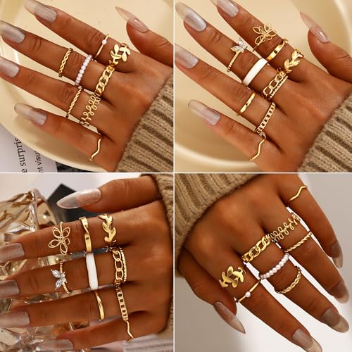 FAXHION 68 Pcs Gold Jewelry Set for Women with 7 Necklace, 17 Bracelet, 5 Hoop Earrings, 15 Stud Earrings, 24 Knuckle Rings for Women Jewelry Set for Women Gift - color: gold women jewelry