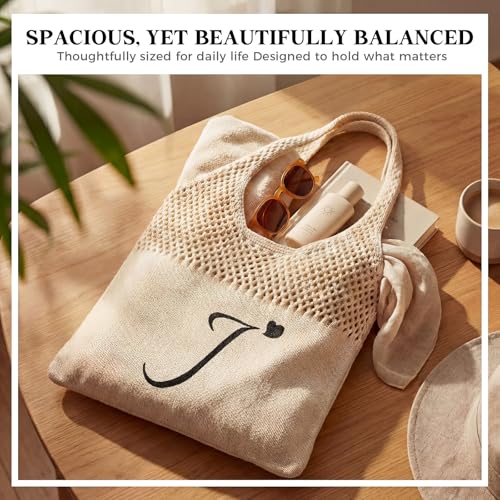 Shinylin Personalized Crochet Tote Bag for Beach Women Beige Mesh Knit Shoulder Bag Boho Aesthetic Tote for Women - style: Letter J