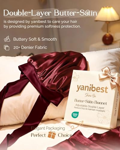 YANIBEST Adjustable Satin Bonnet for Sleeping Women Double Layer Hair Wrap Reduce Friction Prevent Frizz Natural Curly Hair - color: Burgundy