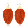 Bohemian Silky Thread Fan Fringe Tassel Statement Earrings - Lightweight Strand Feather Shape Dangles - color: Feather Fringe - Burnt Orange