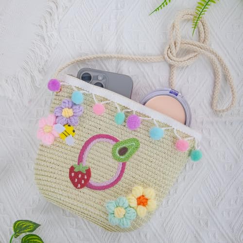 Letter Small Woven Straw Summer Beach Tote Bag for Women 2025,Woven Straw Beach Purse Shoulder Crossbody Bag for Women 2025 - color: Brown O
