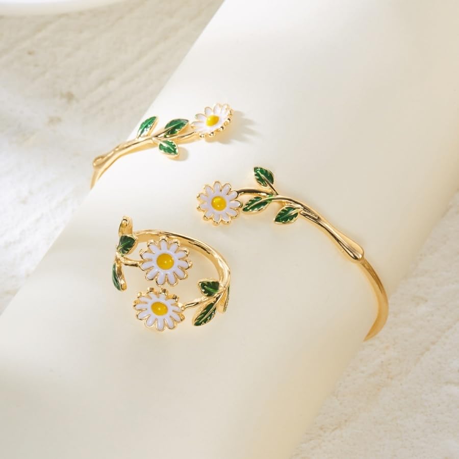 Caiyao 2Pcs Adjustable Sunflower Open Cuff Bangle Bracelets Ring Gold Tone Enamel Daisy Flower Floral Upper Arm Armband Bracelet for Women Boho Summer Inspired Floral Jewelry Gifts - style: StyleB