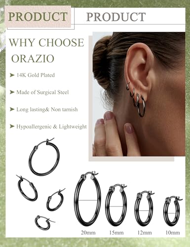 ORAZIO 4 Pairs Stainless Steel Hoop Earrings Set Cute Huggie Earrings for Women,10MM-20MM - style: D: Black-tone,4 pairs