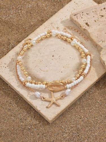 INENIMARTJ Shell Anklet Bracelet for Women Gold and White Beaded Elastic Stack Ankle Bracelet Hawaiian Beach Seashell Starfish Anklet Puka Shell Starfish Foot Jewelry for Women Beach Accessories - style: style B