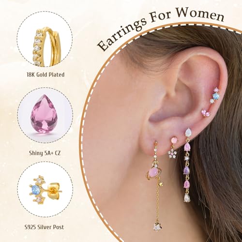 6pcs Gold Hoop Earring Stacks For Women Dainty Colorful Cubic Zirconia Huggie Earrings 18k Gold Hoop Earrings Cartilage Stud Earring Sets For Multiple Piercing - style: Fashion-D