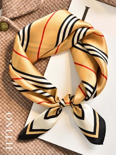 100% Mulberry Silk Scarf for Women Hair Lightweight Square Neckerchief Wrap For Head Scarves 21" - color: 32-khaki Stripes /21"*21"