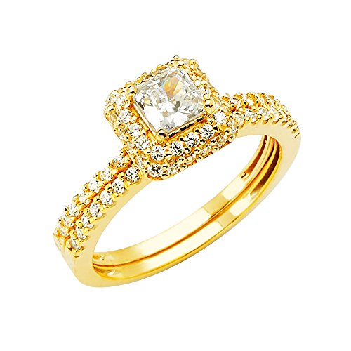 14k Yellow OR White Gold SOLID Wedding Engagement Ring and Wedding Band 2 Piece Set - color: Yellow Gold