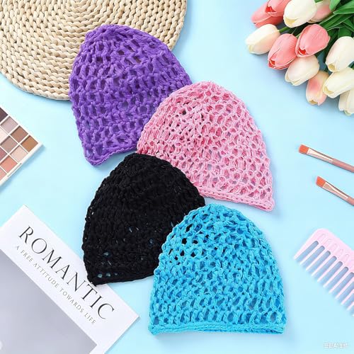 Geyoga 4 Pieces Mesh Crochet Hair Net Rayon Knit Snood Hat Thick Short Women Hairnet Snoods Cover Ornament for Sleeping (Black,Purple,Blue,Pink) - color: Black,purple,blue,pink
