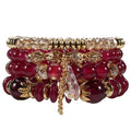 Bohemian Bracelet Sets for Women - 4-Pack Stackable Stretch Bead Bracelets with Black＆White Crystal & Gold Accessories, Multi-Layer Boho Jewelry - color: red