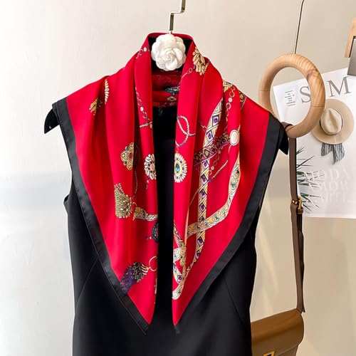 Sumolux Head Hair Scarf for Women Like Satin Silk Scarf Bandana Hair Wrapping Night Large Square Scarves 27.5" - color: Red Gemstone Decoration