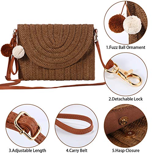 Frienda Straw Purses for Women Straw Clutch Crossbody Bag Summer Beach Shoulder Bag Woven Envelope Wallet Handbags - color: Dark Brown