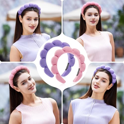 Spa Facial Headbands Combo Pack - 2 Terry Cloth Makeup Headbands for Face Washing, Masks, and Skin Treatments (Pink + Purple) - color: Pink + Purple
