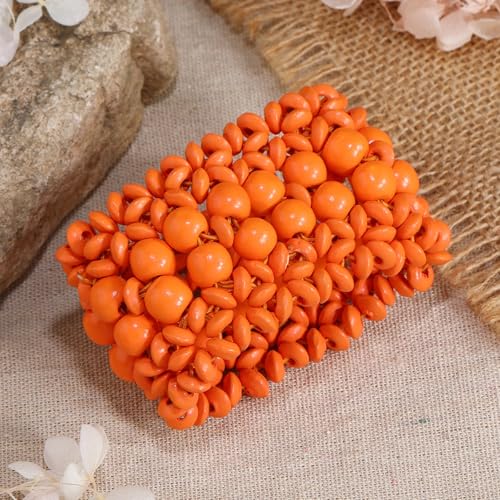 Boho Wide Chunky Colorful Wooden Thick Shell Elastic Stretch Bracelet Handmade Bohemia Summer Beach Vacation Adjustable Lightweight Wood Wristband Jewelry for Women - color: orange