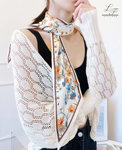Hioyiwse Head Scarf Hair Neck Scarves For Women Purse Bag Scarfs For Handbags Silky Long Thin Satin Headscarf Fashion - color: B1-colorful Flowers