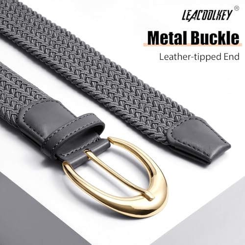 LEACOOLKEY Stretchy Braided Golf Belt for Women Elastic Woven Belts Unisex Elastic Fabric Belt for Jeans Pants - color: Gray/Gold Buckle, size: Fit waist size below 27"