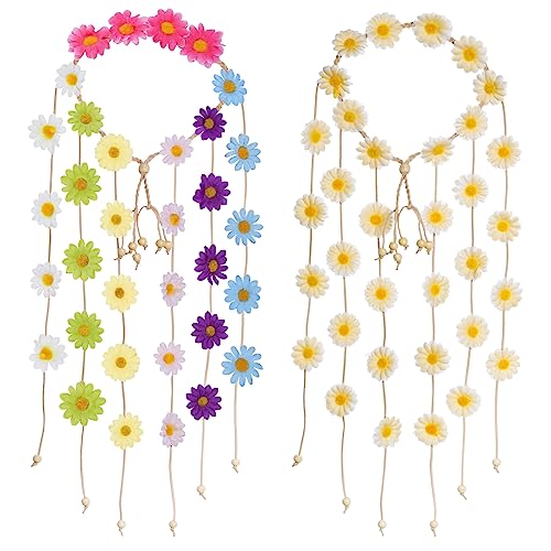 Sucrain 2pcs Flower Hippie Headband Floral Crown Summer Sunflower Hair Accessories for 70 s Bohemian Costumes Style for Women(Multicolor + Beige) - color: Multicolor + Beige