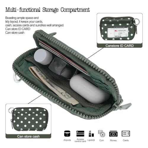 Wristlet Wallet for Women Mini Zip Card Case with Clear ID Window Zipper Coin Purse Lightweight Portable Keychain Wallet - color: Green Polka Dots