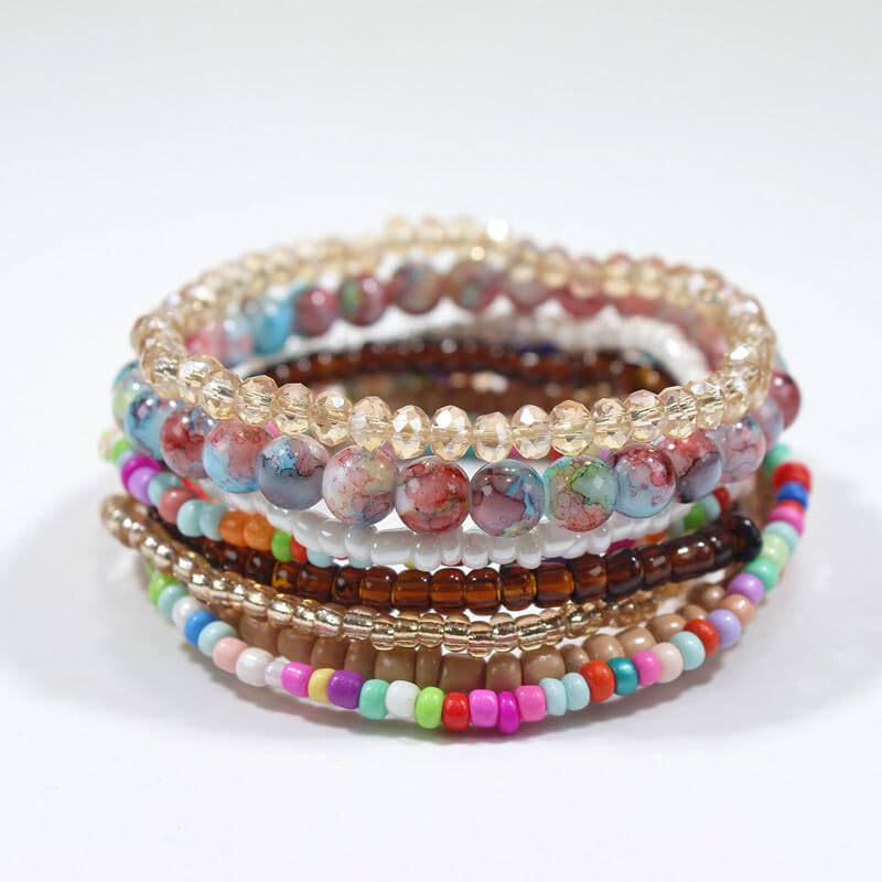 Pingyongchang Boho Colorful Beads Stackable Bracelets Set for Women Handmade Multicolor Seed Crystal Layered Stretch Bracelets Retro Country Holiday Beach Trendy Jewelry Gifts - color: White
