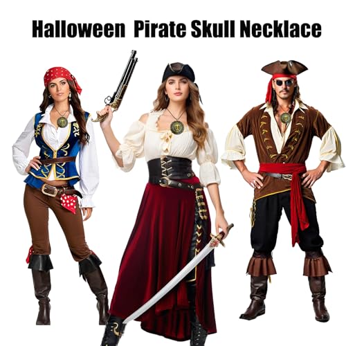 Pirate Coin Necklace, Double-Sided Antique Brass Pirate Accessories, Skull Necklace for Men Women and Kids, Halloween Costume Accessories for Pirate Party Cosplay, Halloween Dress Up Party Favors
