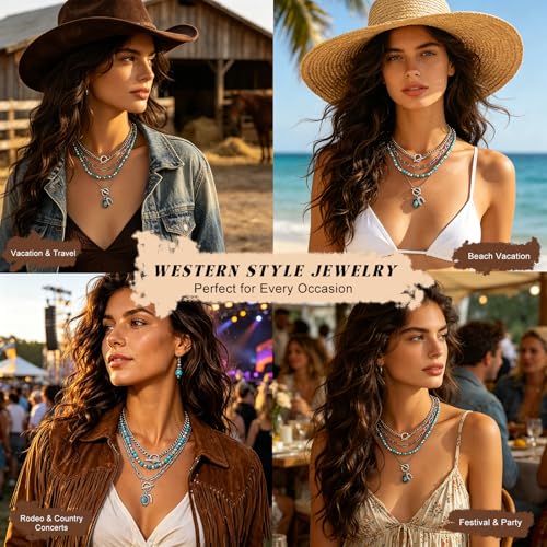 Western Necklaces Boho Turquoise Cross Necklace Set Navajo Pearl Beaded Layered Choker Cowgirl Christian Western Jewelry for Women - color: Style-D