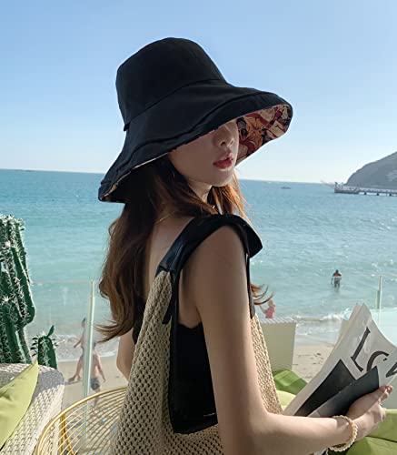 HUAMULAN Women Summer Sun Hat Wide Brim Wired Edge Floral Beach Bucket Hats Reversible Foldable Travel UV Protection Lady Hat - color: M1744-black