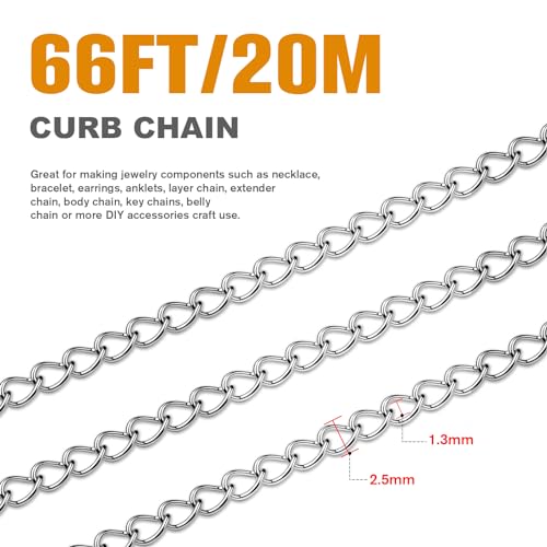 [66 Feet/ 20M] Stainless Steel Curb Chain Roll, 2.5mm 304 Stainless Steel Extension Chain Twisted Link Curb Chains Bulk for Jewelry Making Bracelet Necklace Extender - color: Stainless Steel, size: 2.5mm width