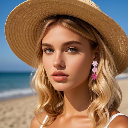 Raffia Flower Earrings Boho Handmade Straw Wrapped Drop Dangle Earrings for Women Summer Beach Jewelry - color: pink