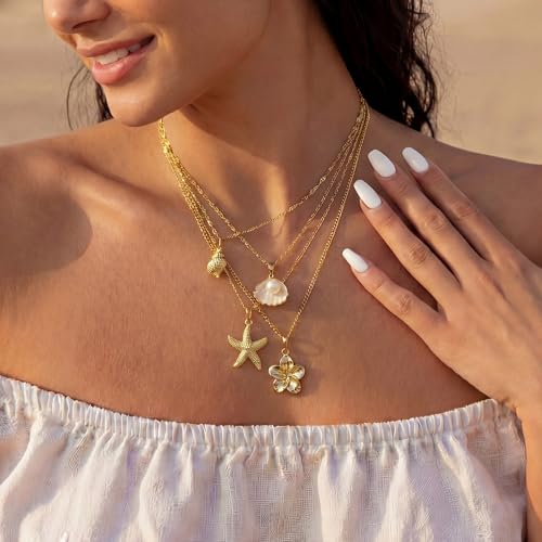 Shell Starfish Necklace for Women, Gold Plated Boho Layered Pendant Necklace with Pearl Conch Charm, Dainty Coastal Summer Beach Vacation Jewelry Gifts - style: Flower 4pcs