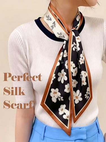 kcctoo 59" Mulberry Silk Like Head Scarf Women's Fashion Square Neck Satin Scarfs for Bag Hair Scarves Gift 59 * 5.9” - color: B005-black & White Camellia Silk Scarf