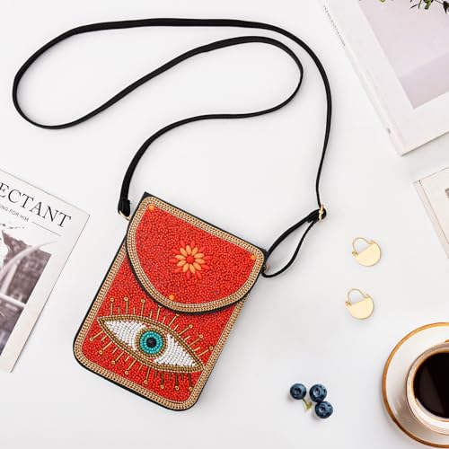 Small Beaded Crossbody Bag for Women, Boho Cell Phone Shoulder Purse Wallet with Handcrafted Colorful Beads - color: Tree-2
