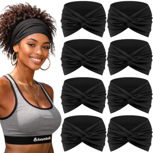 Awumbuk Wide Headbands for Women, 7.08 Inch Thick Boho Turban Style Hair Wraps, Non-Slip Moisture-Wicking Workout Headband for Sports, Yoga, Daily Fashion, 8 Pack Multi Colors (black) - color: pure black