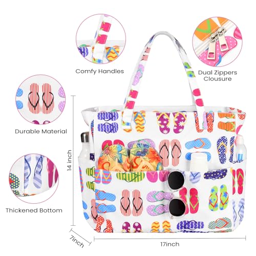 Trifabricy Beach Bags for Women Waterproof Sandproof Women Tote Bag, Large Beach Bag with Zipper for Gym Travel Vocation - color: White Slippers