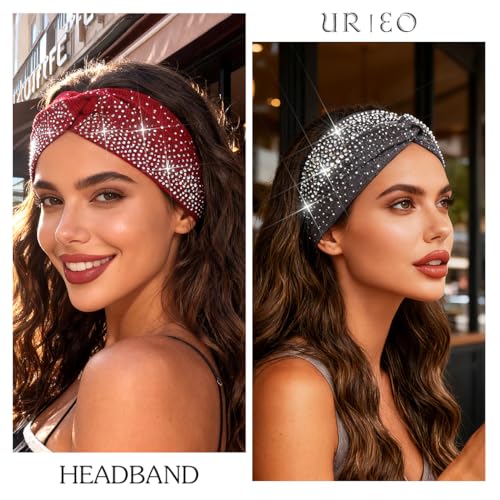 Urieo Wide Sparkly Headbands Rhinestones Stretch Head Bands for Women | Bling Elastic Knotted Headband Bedazzled Crystal Hair Bands - color: Red