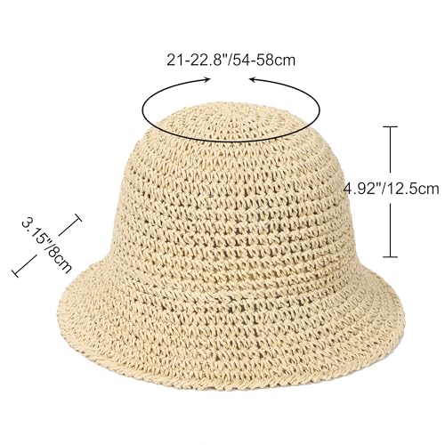 Womens Sun Hat Handmade Straw Bucket UV Protection Travel Summer Beach Cap - color: Beige