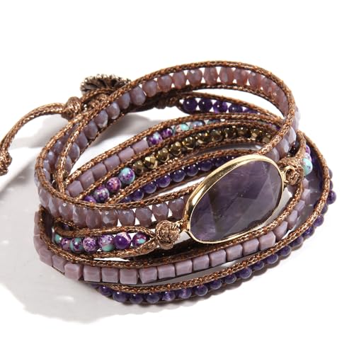 Women Wrap Bracelet Boho Natural Jasper Crystal Stone Beads Strand Bracelets - color: Amethyst