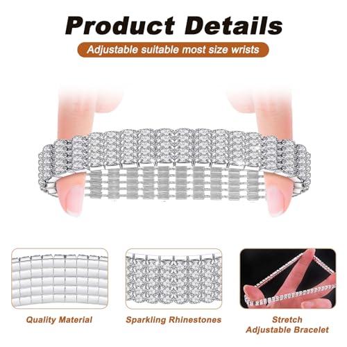 Kucheed Rhinestone Stretch Bracelets, Twinkle Diamond Tennis Bangle, Silver Crystal Sparkling Bridal Stackable Bracelet Jewelry, Bling Shining Wedding Party Elastic Band Bracelet for Women - color: Silver - 4PCS