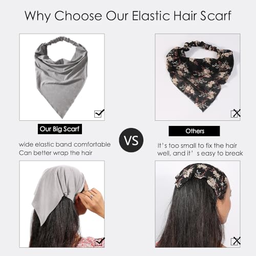 Vercret 6 Pack Hair Scarf Headband for Women Elastic Bandana Head Scarf Large Boho Triangle Kerchief with Clips Non Slip Scarves - color: S Light Colors