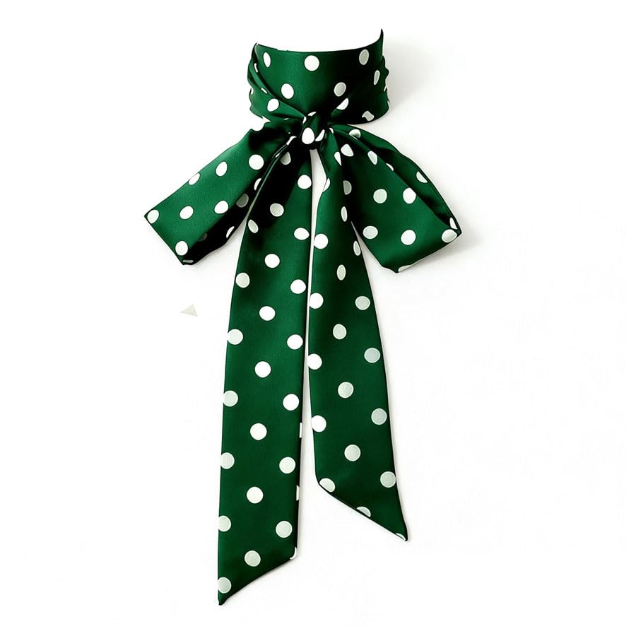 Long Thin Skinny Scarf Satin Neckerchief Ribbon Tie Waist Belt for Women - color: Green Polka Dots