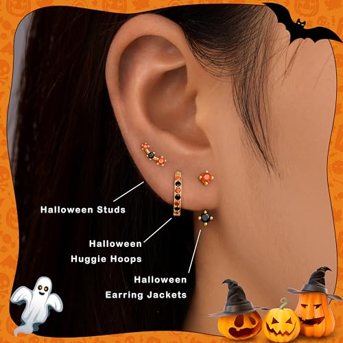3 Pairs Dainty Small 4th of July Earrings for Women Trendy, Birthstone Stud Huggie Hoop Jacket Stack for Cartilage Helix, Gold Plated Hypoallergenic Cute Women Fashion Accessories Western Jewelry Gifts - color: Halloween Earrings(Gold Orange Black)