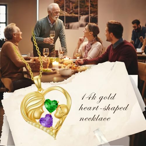 Mothers Day Gifts 14K Yellow Gold Mother Daughter Heart Pendant Necklace with 12 Months Birthstone Birthday Gifts for Mom Anniversarry Jewelry for Mom Wife Girlfriend - color: 02-05-Feb-May Birthstone
