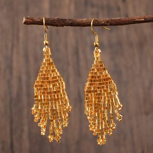 Bohemian Beaded Long Tassel Dangle Earrings for Women, Handmade Jewelry White Tarnish Resistant Lightweight Design, Stylish Accessory for Beach Vacation Party and Gift - color: Gold-2