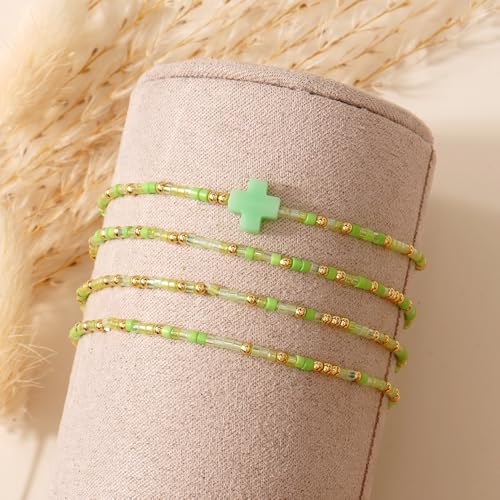 Gold Colorful Beaded Cross Bracelet Stack Set for Women,Handmade Bohemian Seed Beads Stacked Bracelets Fashion Holiday Jewelry Gift - color: Green