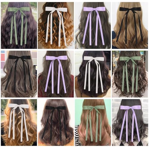 WORTL Hair Bows Clips Coquette Ribbon Bowknot with Long Tail Princess Hair Bows French Barrettes Hair Accessories for Women Girls 16PCS (Cream, Green, Purple, Black) - color: Cream, Green, Purple, Black