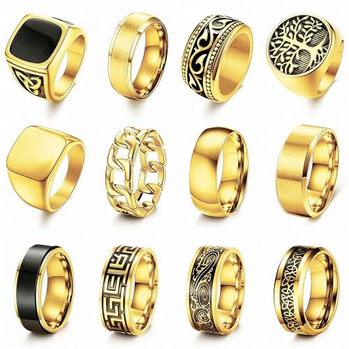 12 Pcs Stainless Steel Vintage Ring for Men Carving Celtic Sliver Band Rings Set Men Rings Jewelry - color: Gold