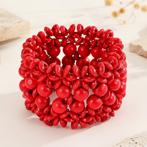 Boho Wide Chunky Colorful Wooden Thick Shell Elastic Stretch Bracelet Handmade Bohemia Summer Beach Vacation Adjustable Lightweight Wood Wristband Jewelry for Women - color: red